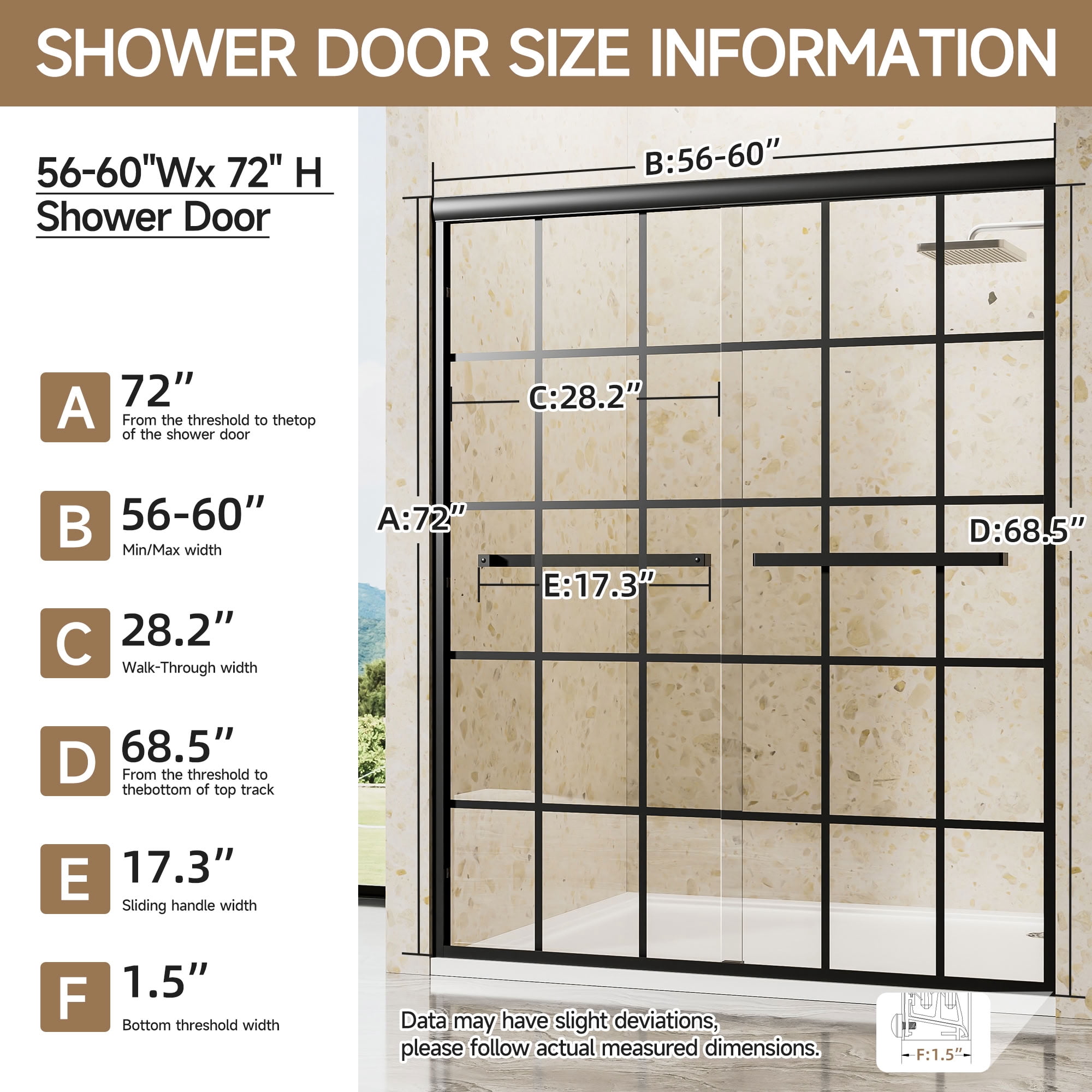 MAYEERTY Double Sliding Shower Door, Matte Black Grid Frame, 1/4" Tempered Glass with Nano Self-Cleaning Coating, Waterproof & Reversible Installation