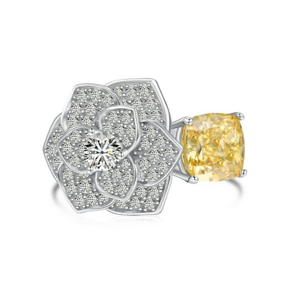 Sparkling Camellia Flower Cluster Open Ring for Women 925 Sterling Silver 2.5 Carat 5A CZ Simulated Yellow Diamond Ring Statement Cocktail Rings Size 6-9