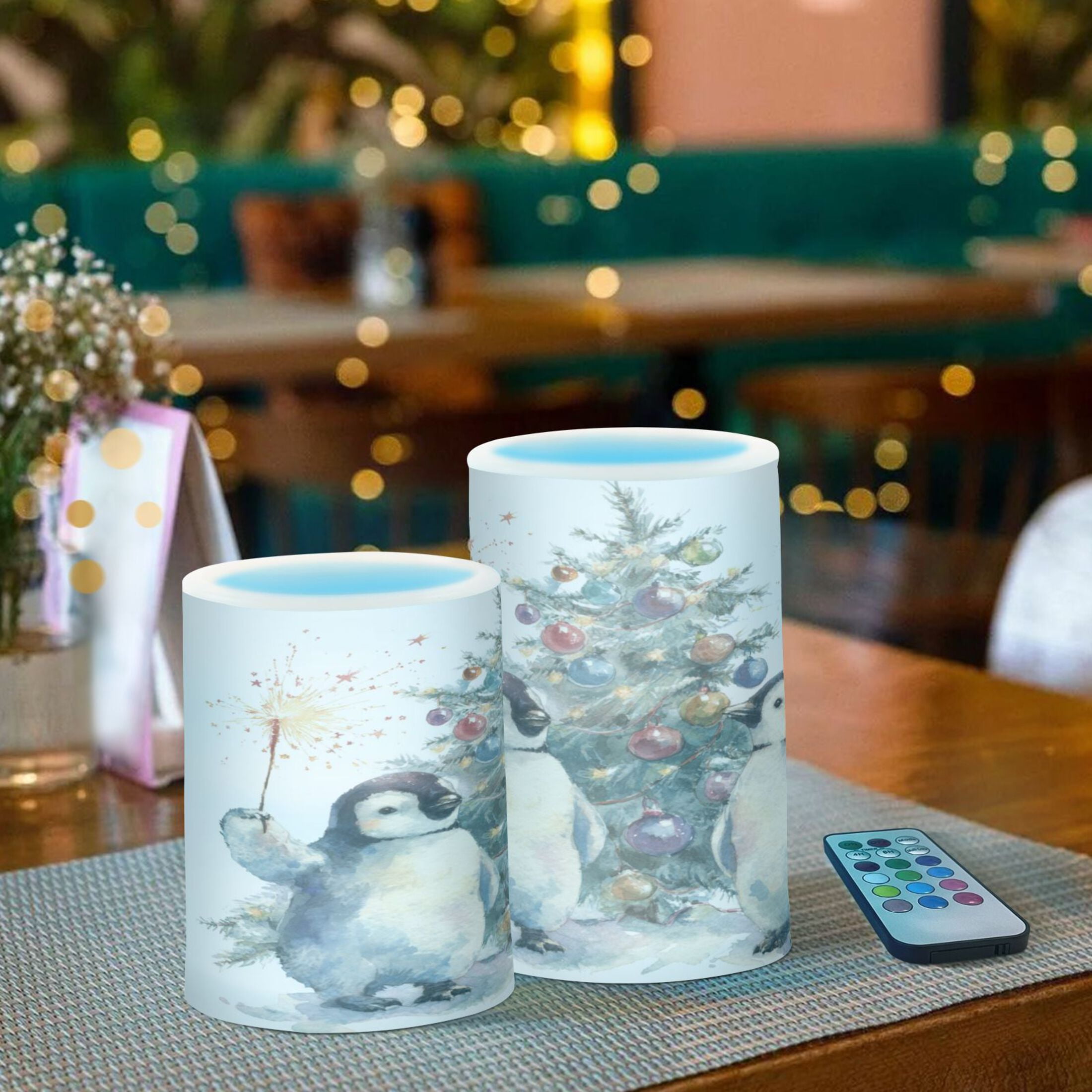 Electronic Candle Light Combination 3x5In, 3x4In Flameless Candle Plastic Festive Decoration Party Christmas Decoration Cartoon Christmas Penguins