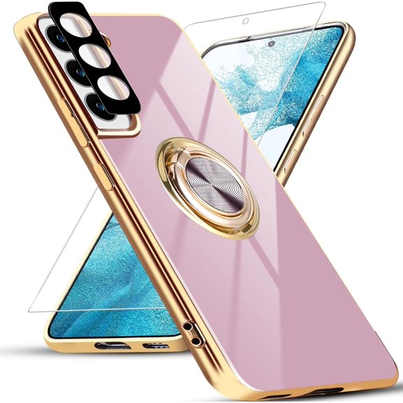 for Samsung Galaxy S22 Case with Screen Protector & Camera Lens Protector, Built-in 360° Rotation Ring Magnetic Stand, Luxury Shiny Plating Edge Shockproof Protective Cover (Purple/Golden)