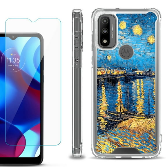 Shockproof Bumper Phone Case for Motorola Moto G Pure, with Tempered Glass Screen Protector, by OneToughShield ® - Starry Night Rhone