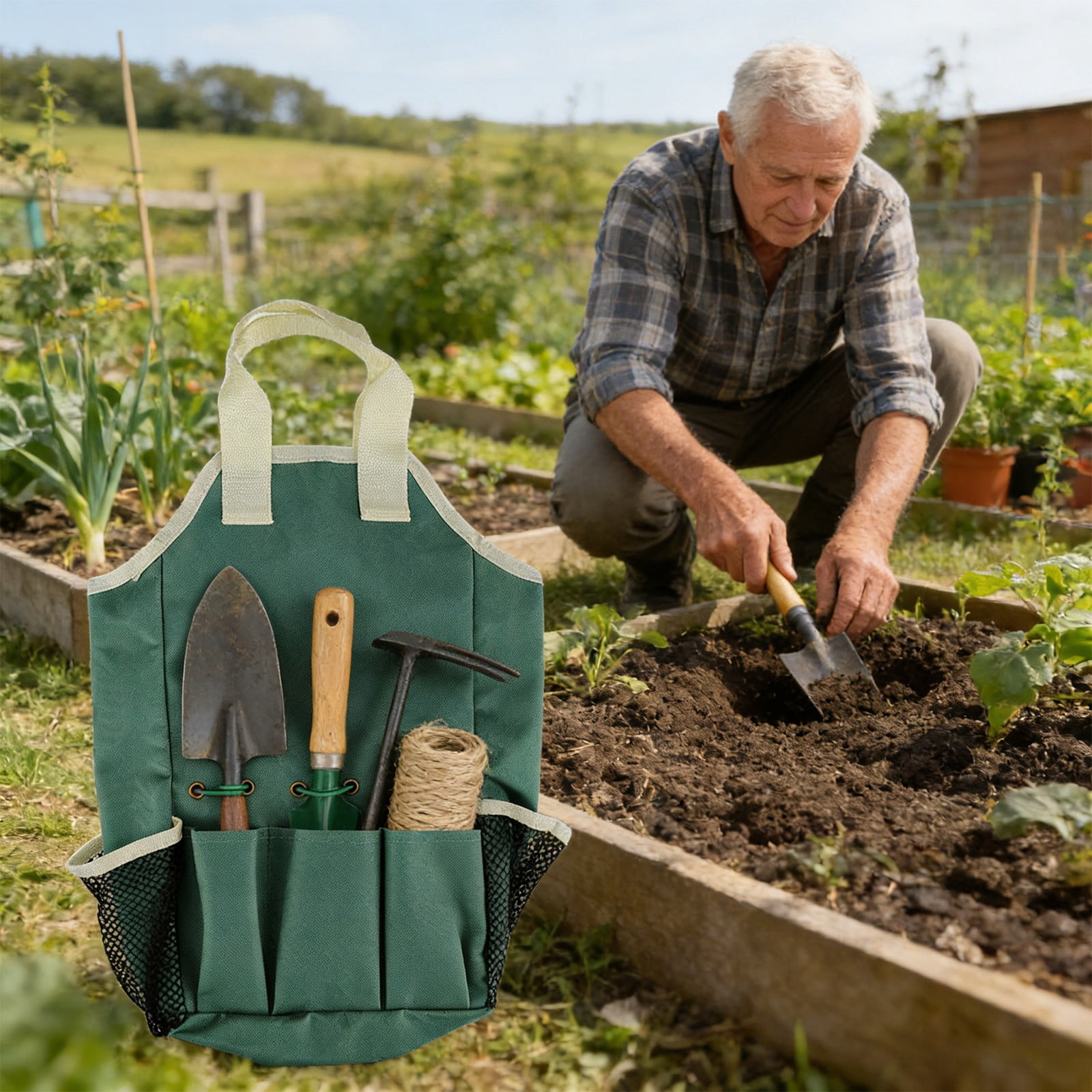 Multi Functional Folding Gardening Tool Storage Bag Handheld Organizer with Compartments, Heavy Duty Cloth Tote for Garden Tools Supplies