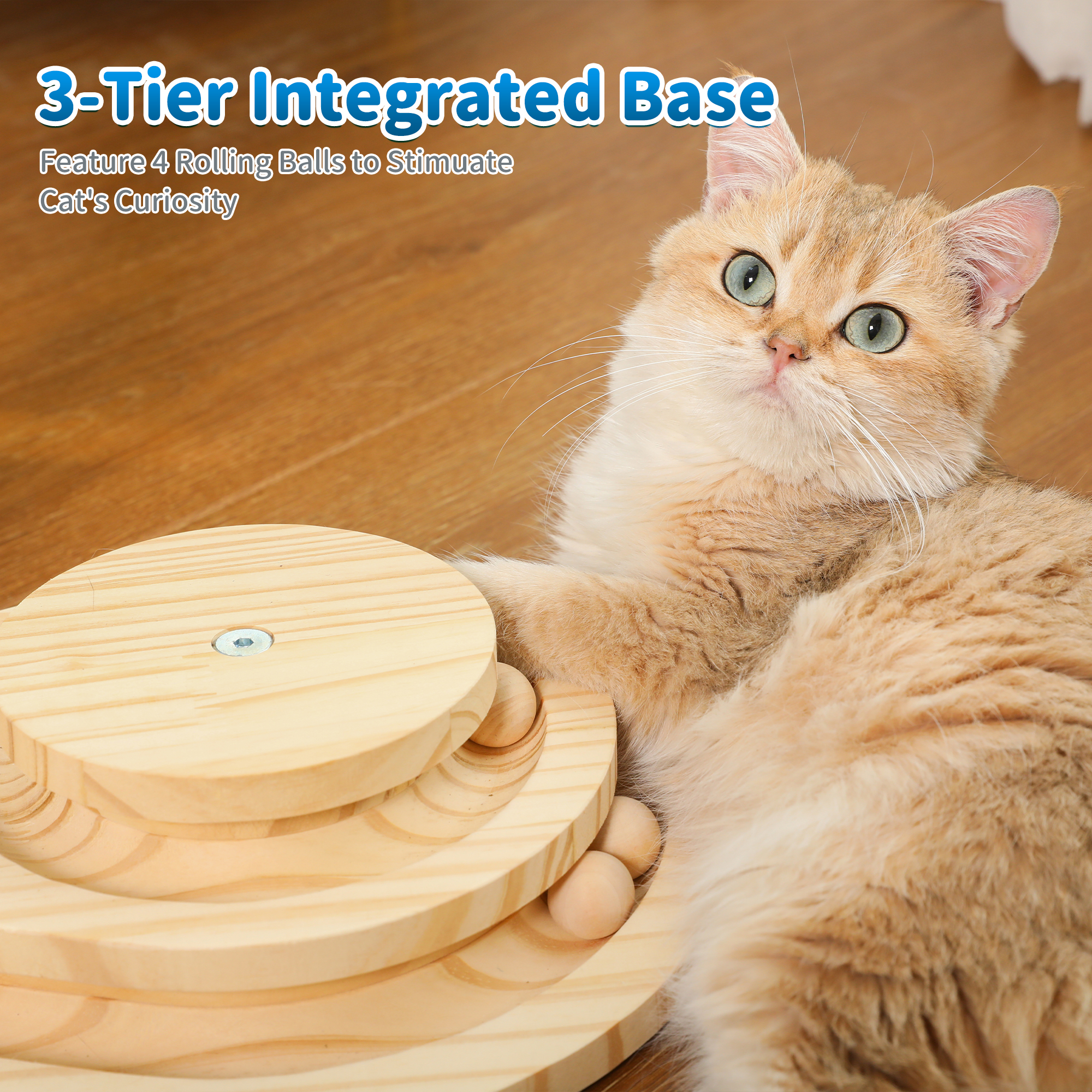 Cat Scratcher, Scratching Post for Indoor Cats with Stable Widen Base, 18.9" Tall Wood Ball Toy with 2-Level Track for Small Kittens, Natural Sisal Rope and Ball for Fun