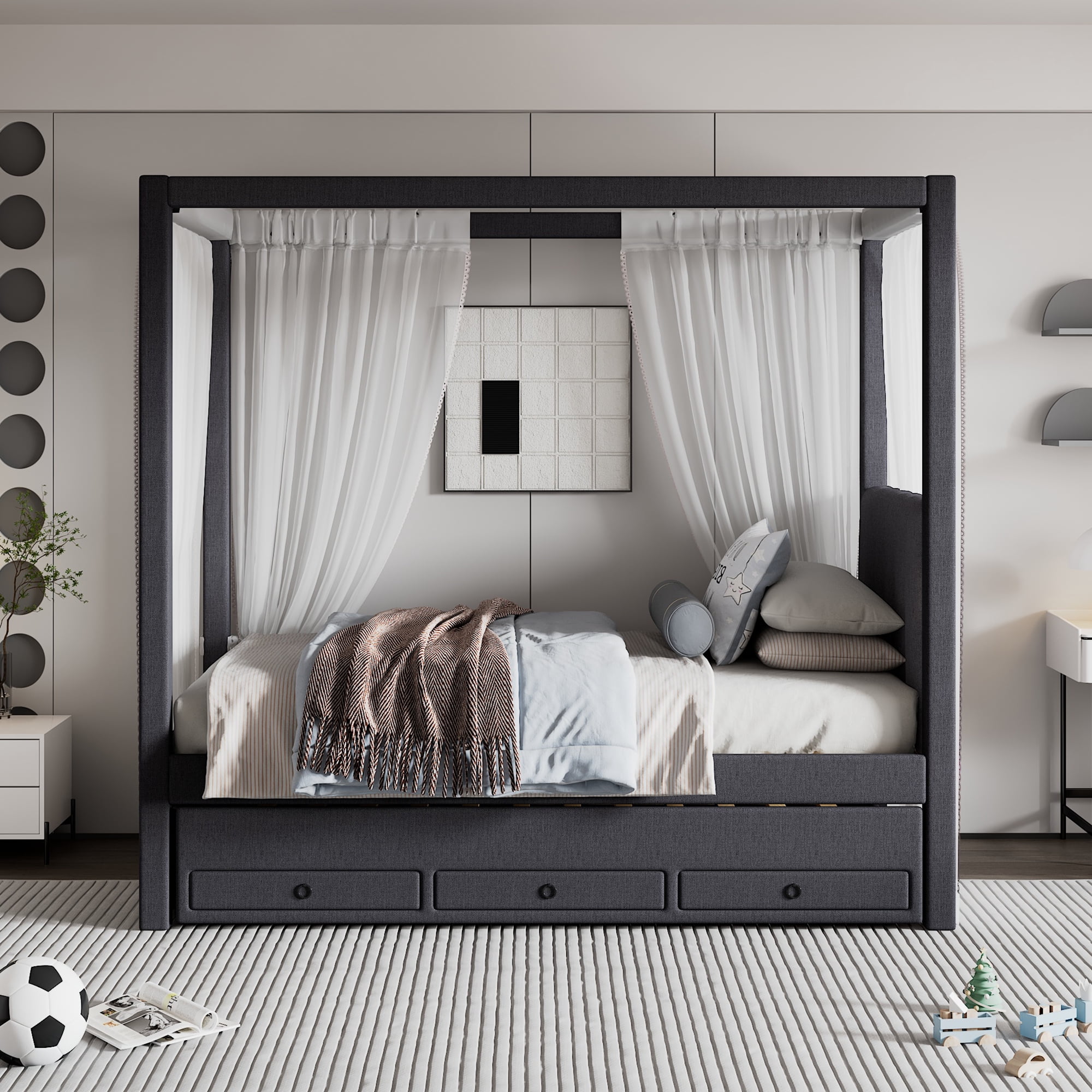 EUROCO Upholstered Twin Size Canopy Bed Frame with Trundle Bed and 3 Drawers, Platform Bed with Headboard for Kids Teens Adults, Gray