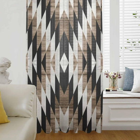 Southwest Brown Semi Sheer Curtains Drapes for Living Room, Bedroom, French Doors Window 96 Inches Long, Geometric Farmhouse Aztec Tribal Rod Pocket Chiffon Curtain Drapery Voile Draperies Panel