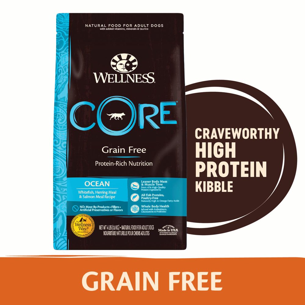Wellness CORE Natural Grain Free Dry Dog Food, Ocean Whitefish, Herring & Salmon, 12Pound Bag