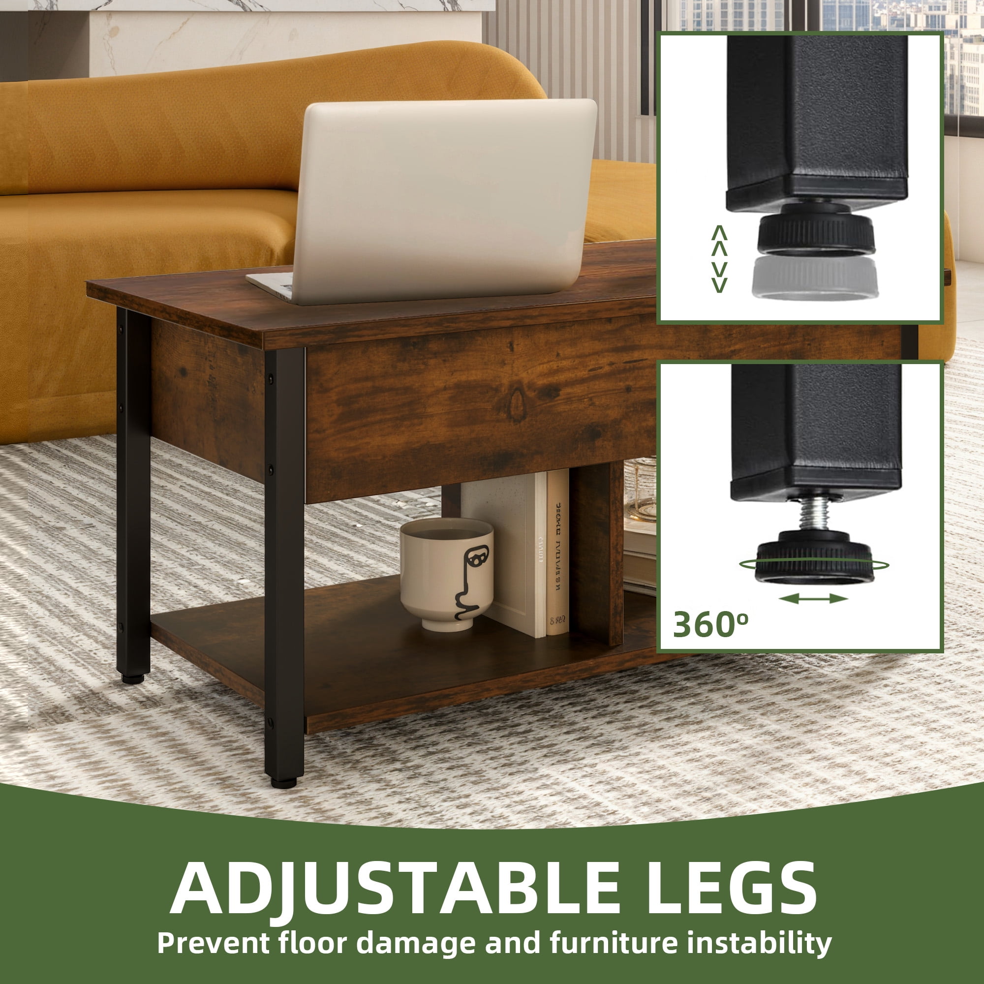 Uforic Coffee Table with Storage, Lift-Top Wooden Center Table for Home & Office, Rustic Brown
