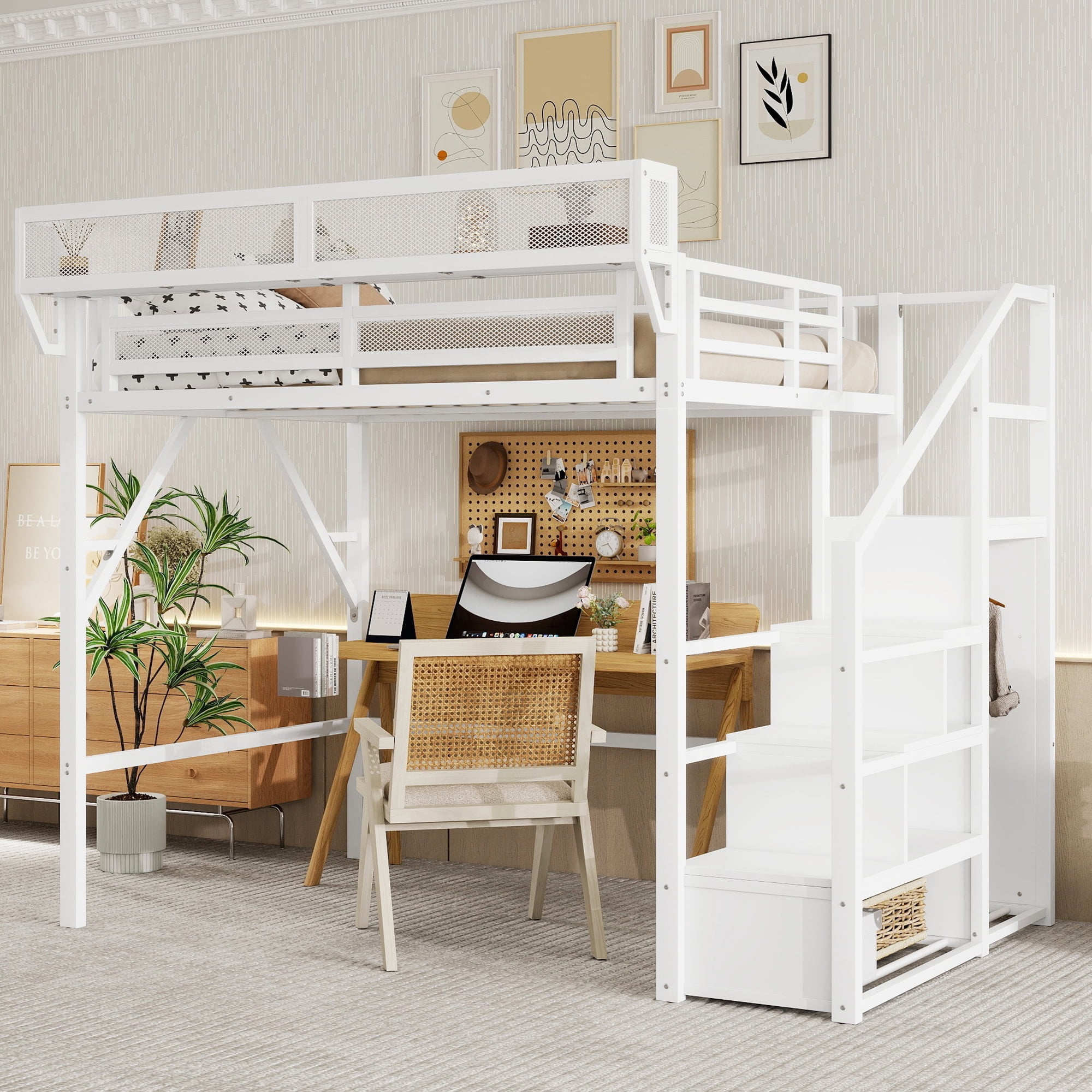Mirightone Full Size Loft Bed with Stairs, Heavy-Duty Metal Loft Beds, High Loft Bed Frame with Storage Shelves, Junior loft Bed with Wardrobe for Boys Girls and Teens.( White)