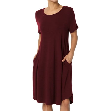 TheMogan Women's S~3X Short Sleeve Draped Jersey Knit Pocket A-Line T-Shirt Dress