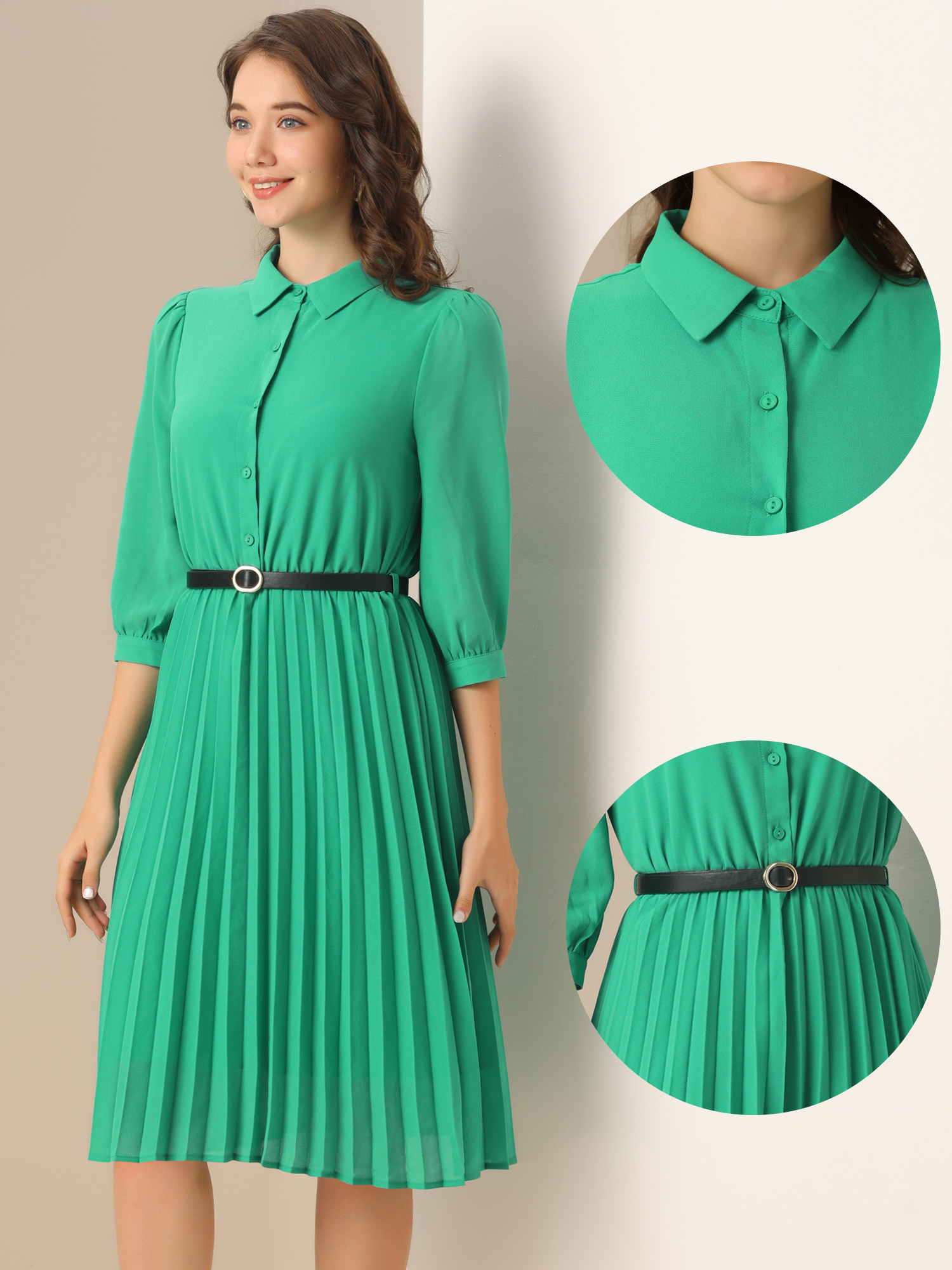 DARING DIVA 3/4 Sleeve Collared Button Down Pleated Dress L Green