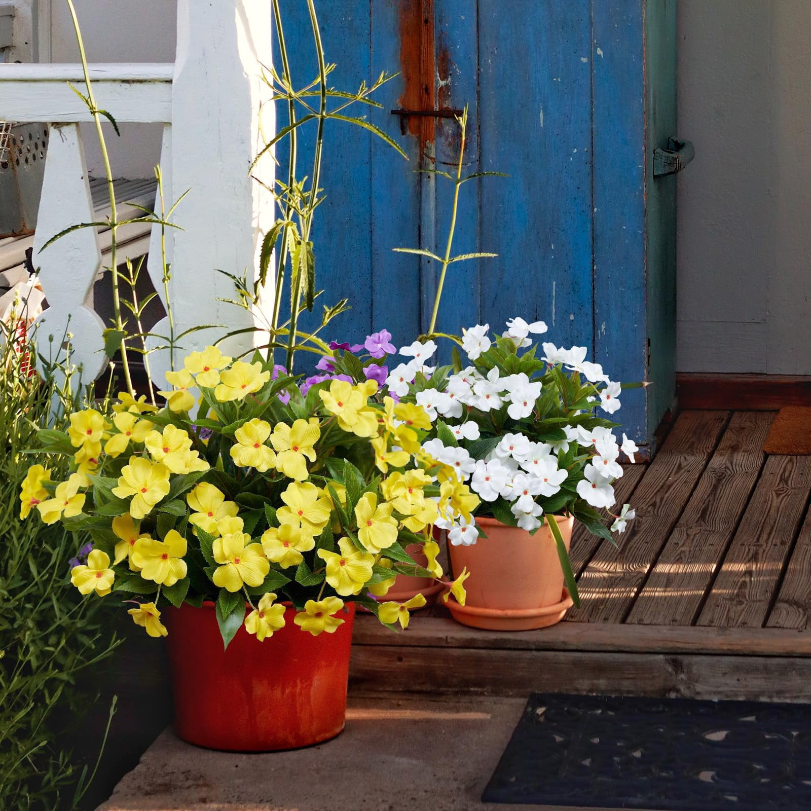 4 Pcs Artificial Flowers Outdoor Impatiens Silk Impatiens Flowers 15.74" Yellow Faux Flowers Impatiens Bushes UV Resistant Artificial Impatiens for Pot Patio Lawn Garden Hanging Basket Porch Decor