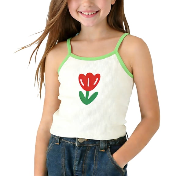 Girls Tank Top Red Floral Print Cami with Green Trim Soft Cotton Ribbed Sleeveless Summer Spring Little Girls Clothes,Size 7-8T