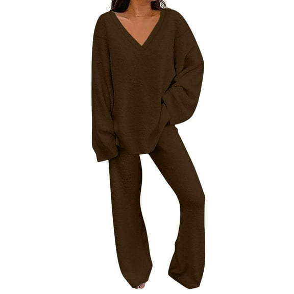 BLOCLOALO 2 Piece Lounge Set Long Sleeve Tops Womens Fall Outfit V Neck Pullover Tops and Long Pants Warm Pajamas Sweatsuits V Neck Blouses Sweatpants and Sweatshirt Set Trendy Lounge Sets Brown L