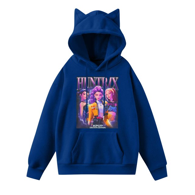 Pop cazadora para niña Demo-n Hunters Women's Fashion Hooded Sweatshirt Cat Ear Pullover Casual Streetwear Soft Comfortable Long Sleeve Tops for Daily Wear Spring Fall Winter (Blue)