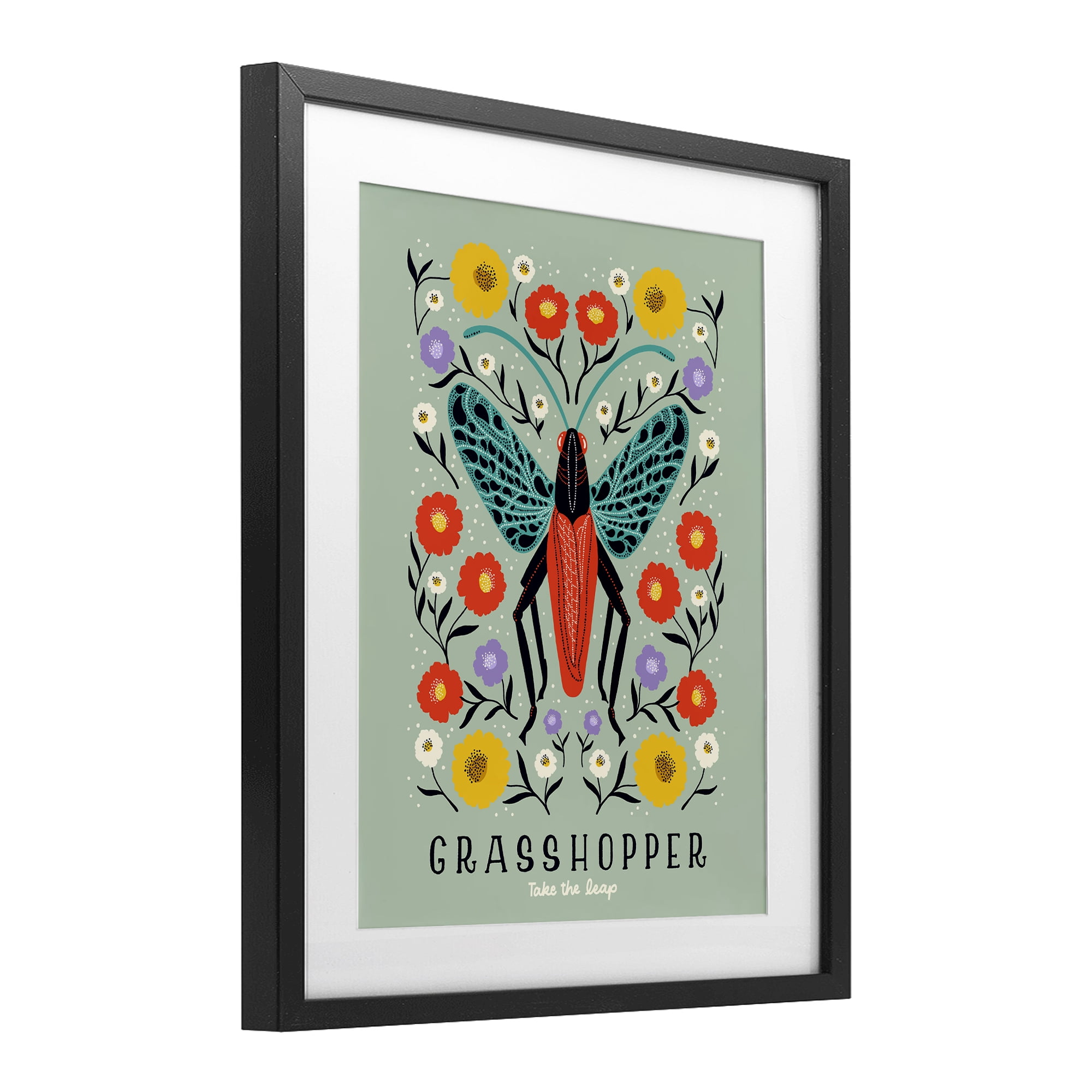 Stupell Industries Symmetrical Grasshopper with Blooms Black Framed Print Under Glass, design by Indira Prieto | IndySign