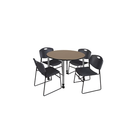 Regency Kee 48 in. Round Mobile Adjustable Classroom Table- Noble Oak Top Grey Base & 4 Black Zeng Stack Chairs