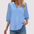 thumbnail image 2 of GEWSEY Women Summer Casual V Neck Lace Elegant Tops Fashion Trendy 3/4 Puff Sleeve Loose Fit Hollow Blouses Tunic Blouses (Blue, XL), 2 of 5