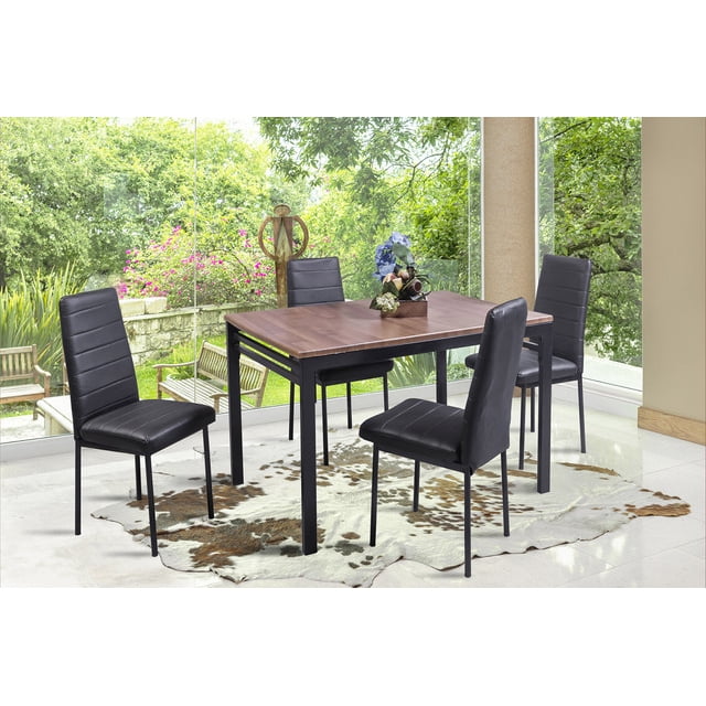 comedor troya mobilkraft 4 sillas tubular cubierta de pvc modelo troya pvc estilo clasico negro — conjunto comedor de 4 sillas y mesa rectangular 120 x 80 x 75 cm; estructura tubular negra en mesa y sillas, cubierta de PVC imitación madera en la mesa, sillas tapizadas en vinipiel negro de 40 x 48 x 98 cm, vista frontal en comedor iluminado; también suele usarse como set de trabajo para mesas pequeñas de oficina en casa.