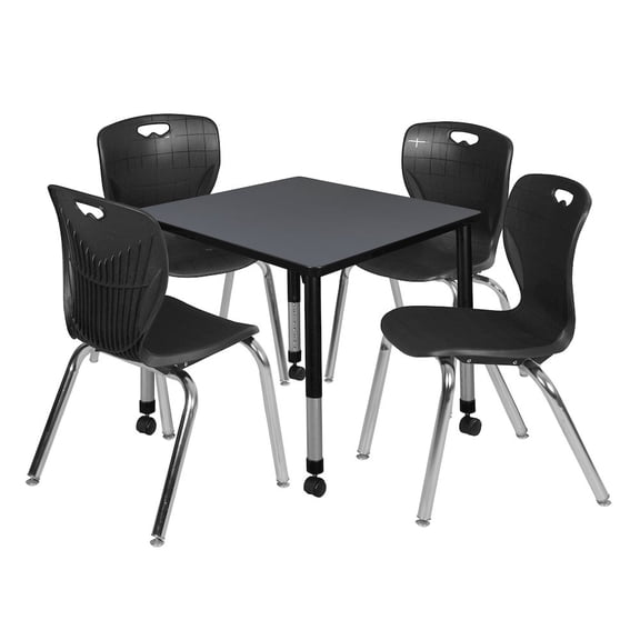Kee 48in. Square Adjustable Mobile  Table-Maple & 4 Andy 12-in Chairs-Black