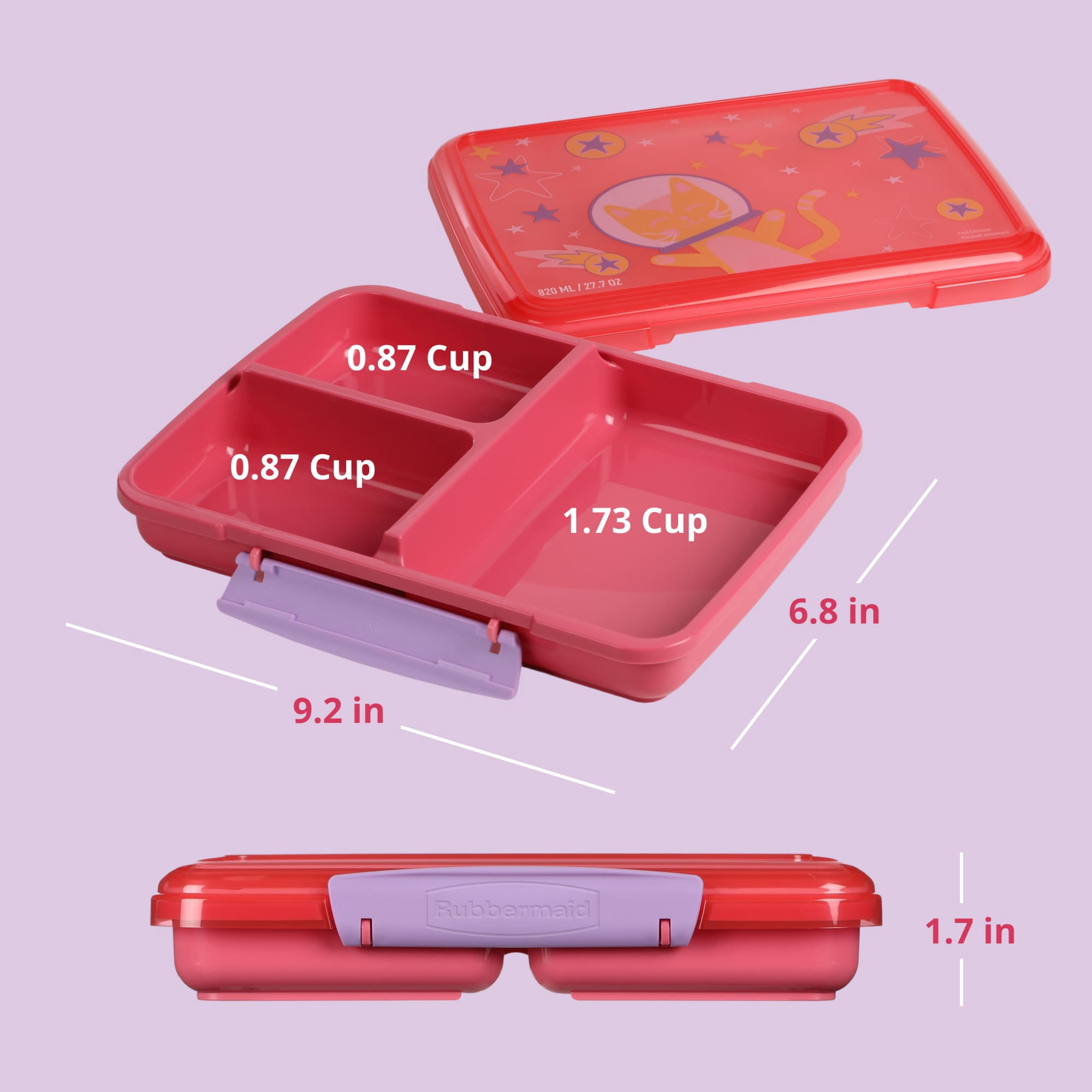 Rubbermaid Pack & Go Space Kitty Popsicle Pink 820 mL Large Divided Snack Container, Food Storage Containers, Plastic Containers for Food