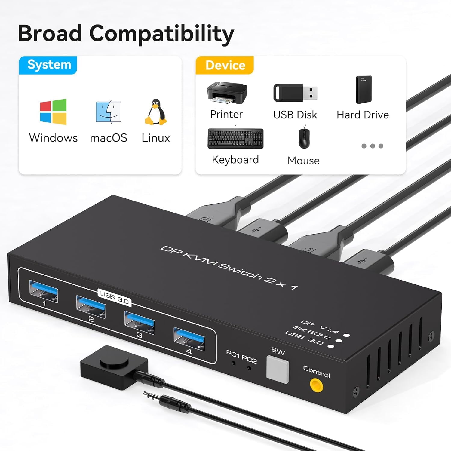 2 Port Displayport KVM Switch Support 8K60Hz 4K120Hz, USB 3.0 DP1.4 KVM Switch for 2 Computers Share 1 Monitor with 4 Port USB 3.0 Hub Includes Desktop Control and 2xUSB Cables