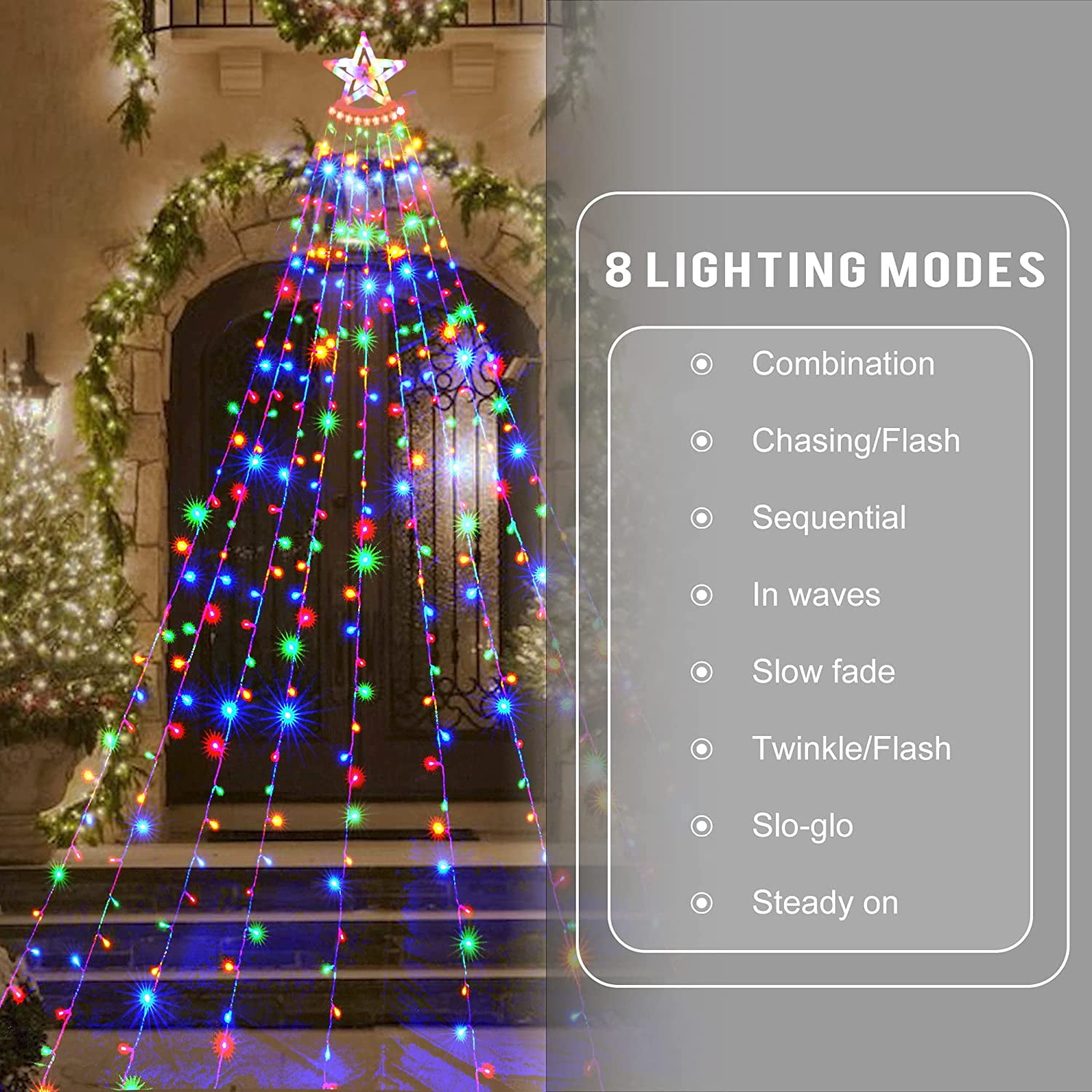 Magotan 12.5ft 350 LED Waterfall Christmas Lights Outdoor Decoration Twinkle Solar Christmas Tree String Lights with Top Star Xmas Holiday Garden Yard Decoration, Multicolor