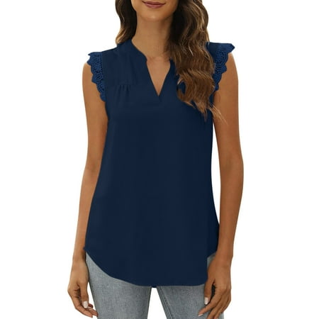 

nsendm Pajama Shirt Women Women Summer V Neck Elegant Tops Shirt Sleeveless Blouse Casual Guipure Sleeveless Tunic Women Vest Navy Large