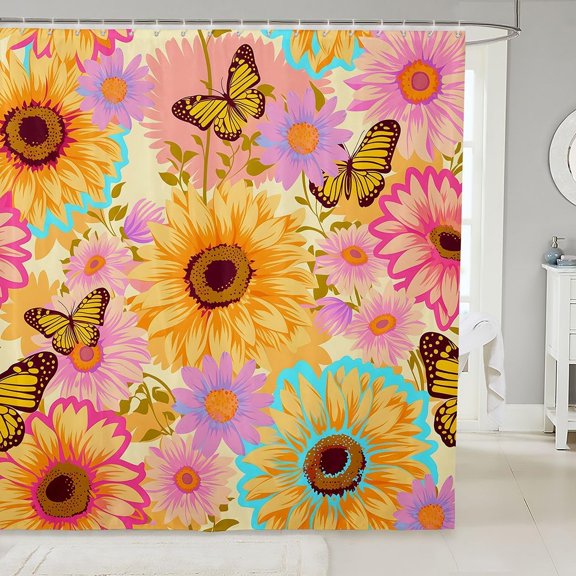 Sunflower and Butterfly Fabric Shower Curtain 71x71 inches