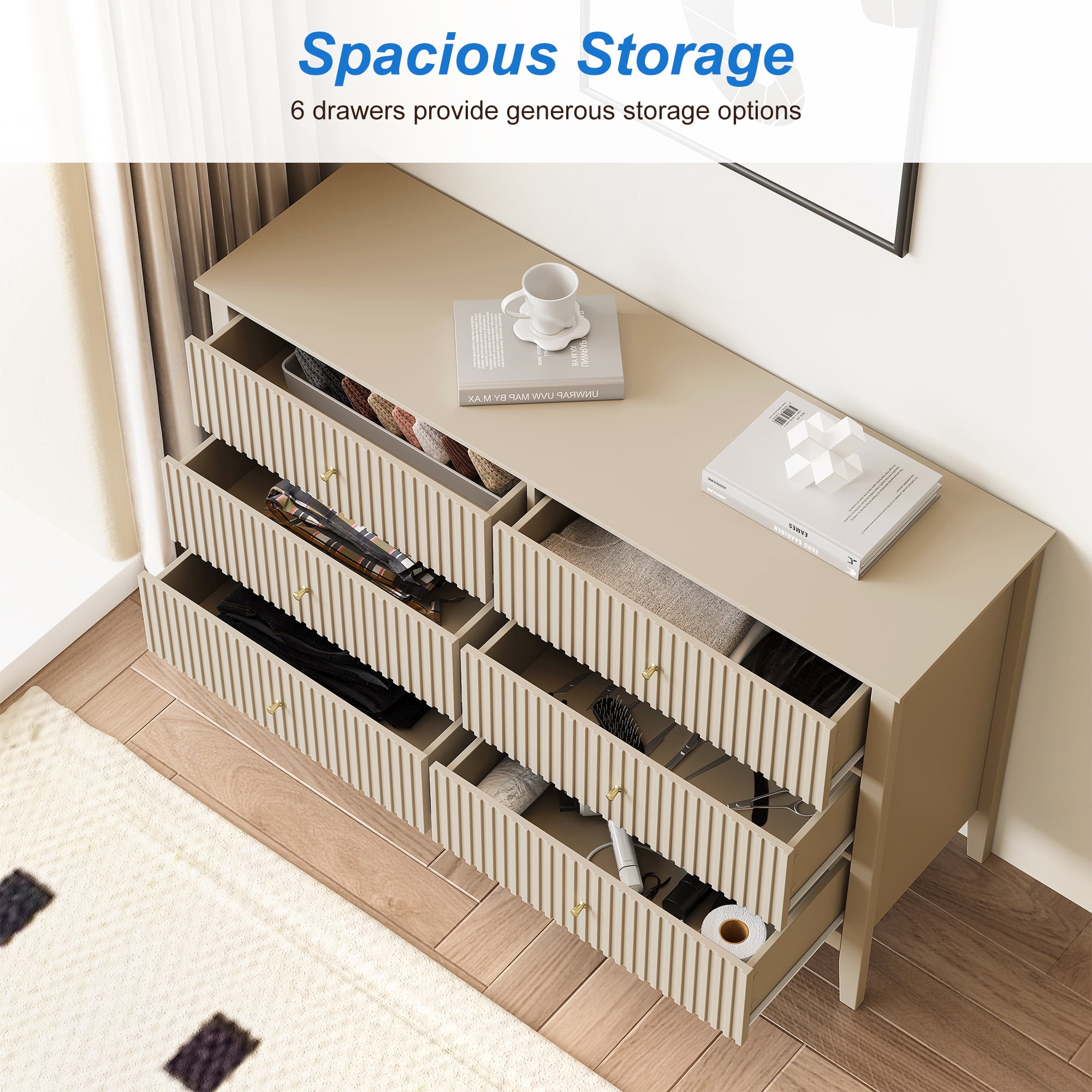May in Color Fluted 6 Drawer Dresser, Wide Modern Chest of Drawers, Large Wood Storage Cabinet Organizer for Bedroom, Living Room, Hallway, Entryway, Beige