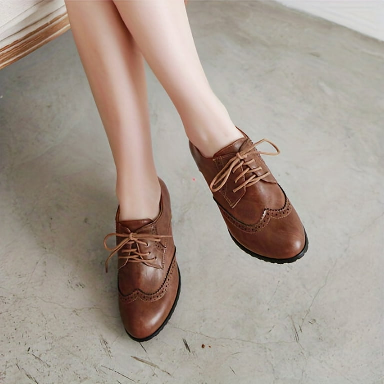 Women s Retro Chunky High Heels Perforated Brogues Lace Up High Heels Versatile Dress Shoes Walmart