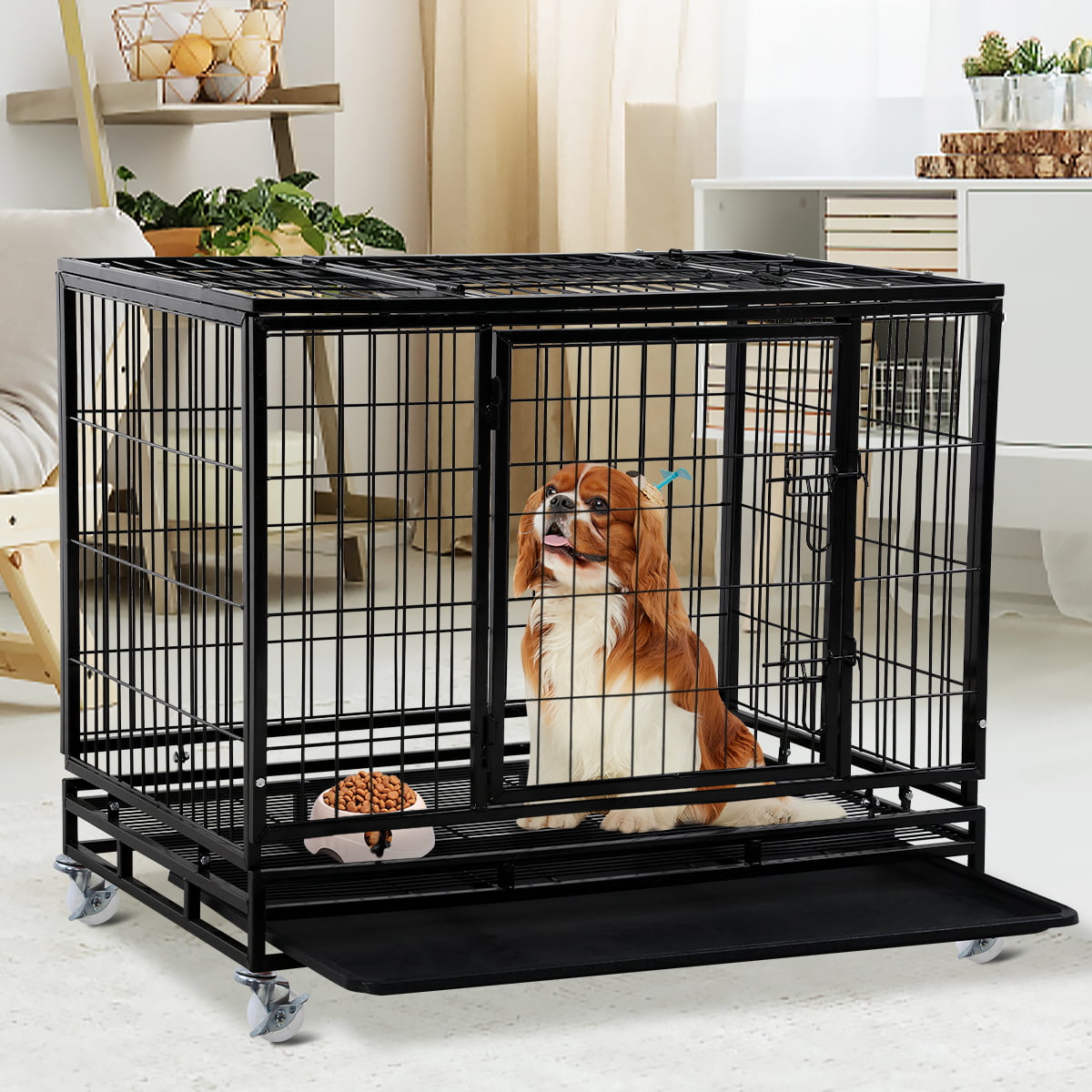 Double Doors Inside/Outside 4 Lockable Wheels Safe Metal Tray COZIWOW Heavy-Duty Large Dog Pets Kennel Cage Crate Black,32.6 H