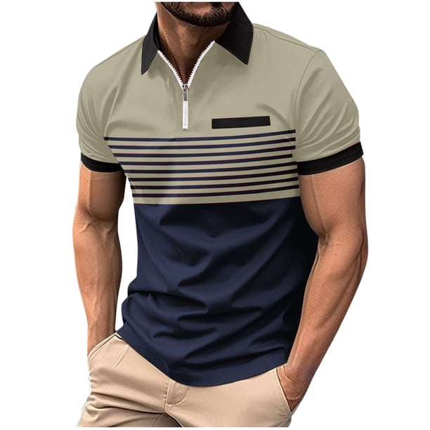 Ceisia Men's Color-Blocked Striped Zip-Up Short Sleeve Polo Shirt Casual Summer Top Khaki L Gifts