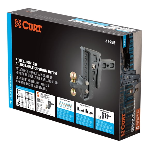 CURT 45955 Rebellion XD Adjustable Cushion Hitch with Dual Ball, 2-1/2-Inch Receiver, 2, 2-5/16-In Balls, 20,000 lbs, 8-In Drop