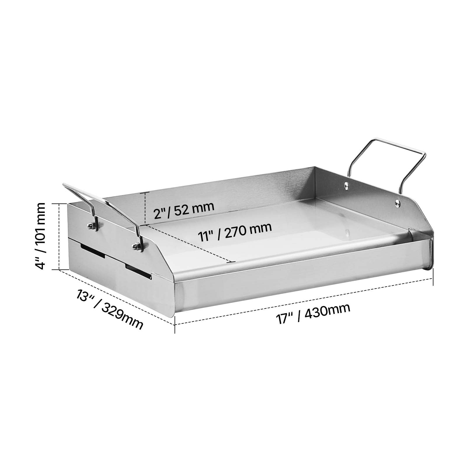 KFFKFF Griddle in Stainless Steel, Dimensions 17x13 inches, Flat Rectangular Universal Plate, Suitable for BBQ Grill, Teppanyaki, Compact Cookware with Handle, Ideal for Outdoor Activities