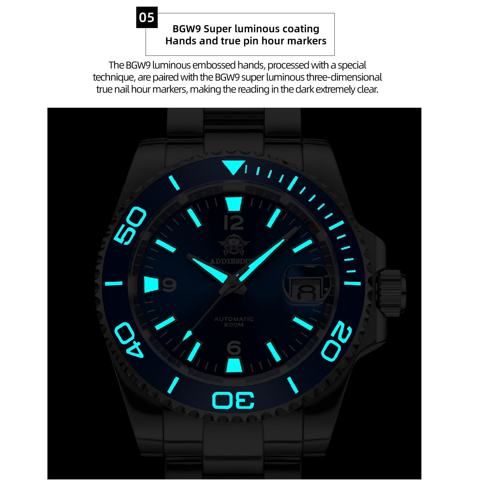 ADDIESDIVE Men's Automatic Diver Watch 200M Waterproof, Japanese Mechanical Movement, Sapphire Crystal & Ceramic Bezel, Super-LumiNova BGW9/C3, Stainless Steel Dive Watch
