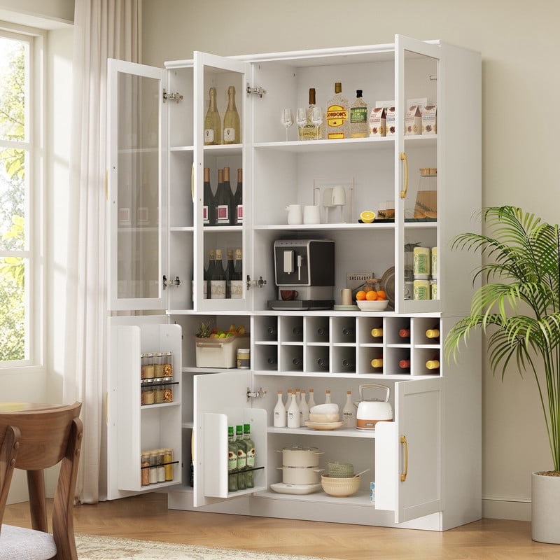 Tall Wine Storage Cabinet with Glass Doors, Freestanding Home Bar Pantry Cabinet with Goblet Rack & 18-Bottle Grid