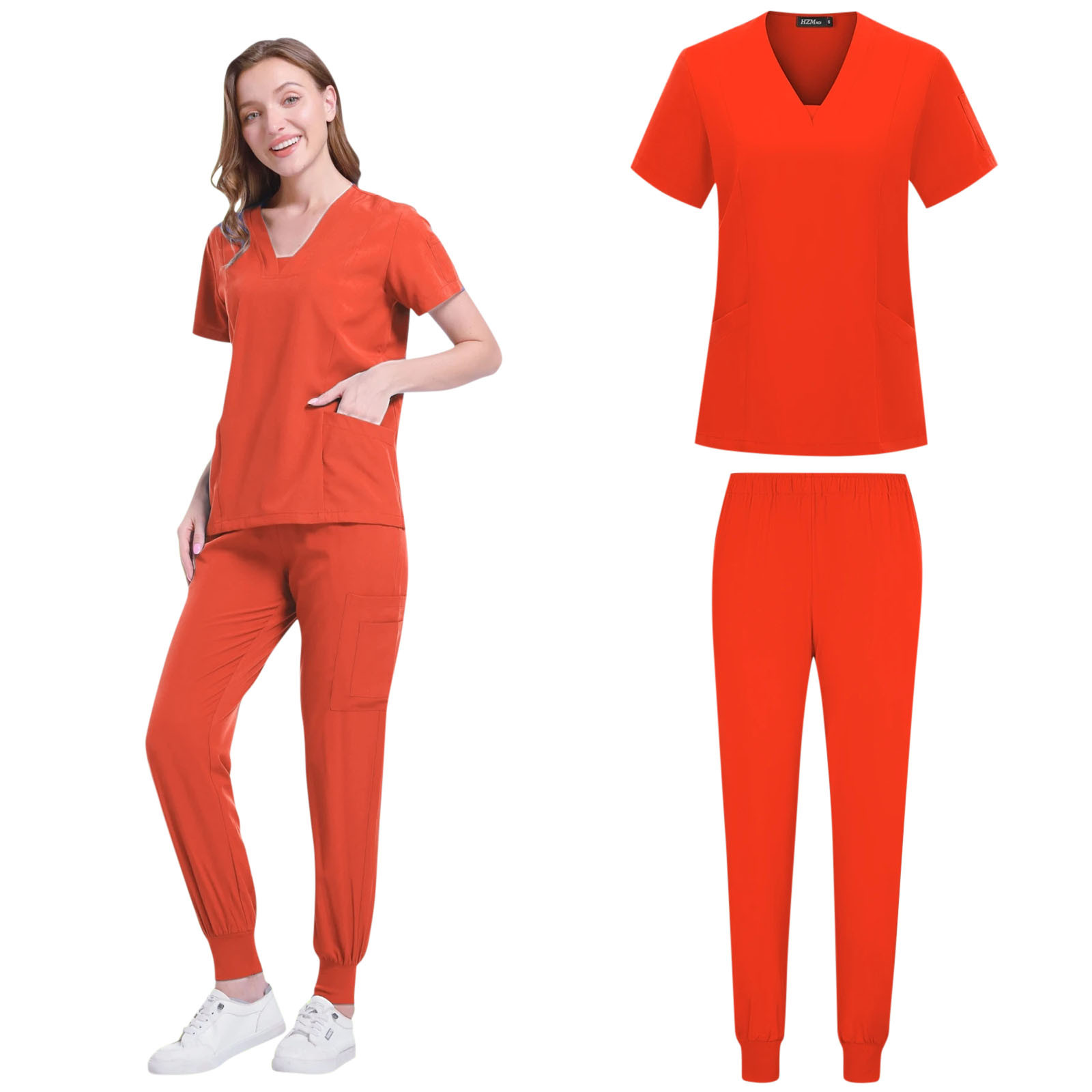 Women Athletic Scrub Set - Stretch V-Neck Top & Multi-Pocket Cargo Joggers, Easy Care Comfortable Nursing Workwear