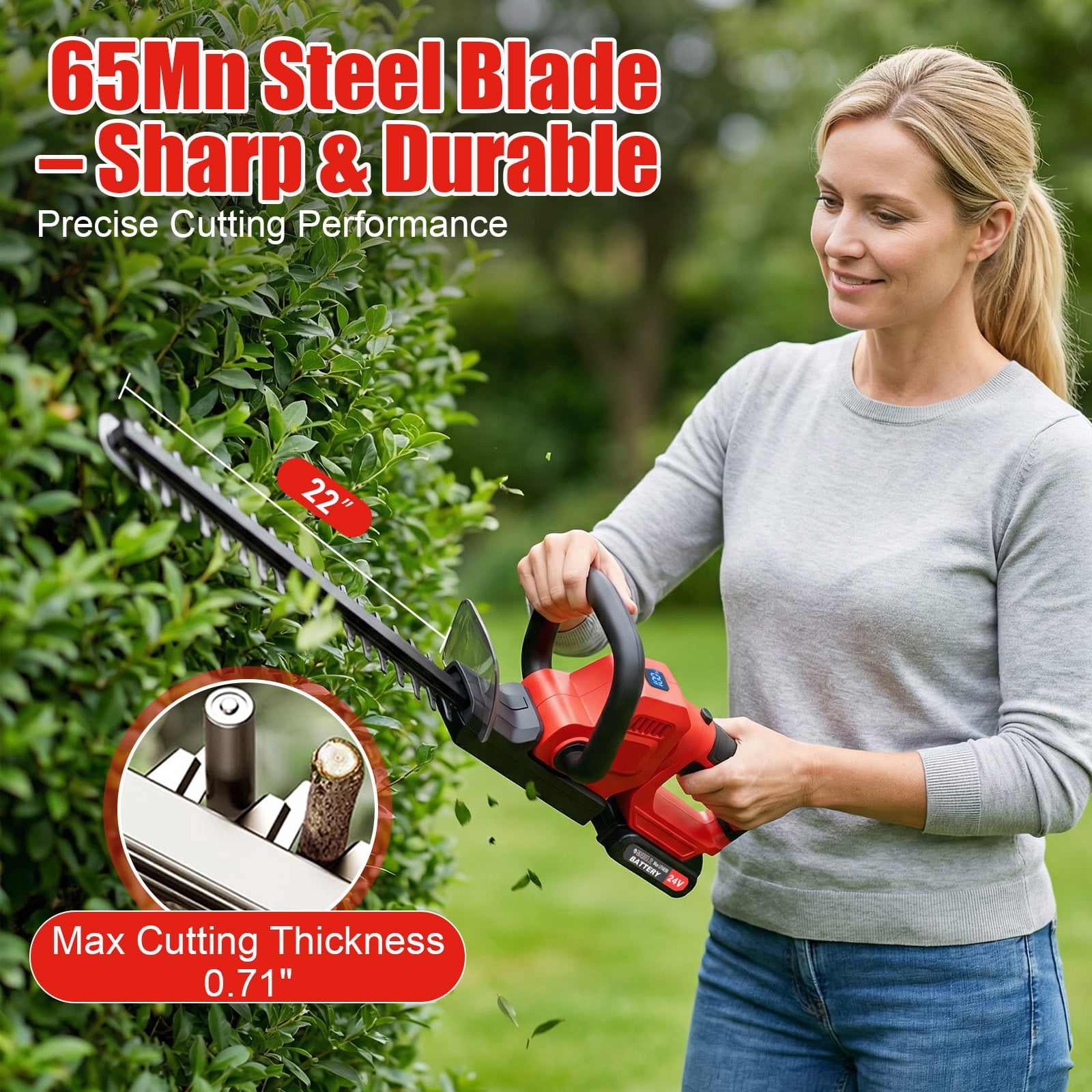 22" Cordless Hedge Trimmer with 180° Rotatable Head, 21V Electric Bush Trimmer with 2 x 2000mAh Batteries, 1000W 24000r/min Motor, 65Mn Steel Blade for Garden Yard, Red