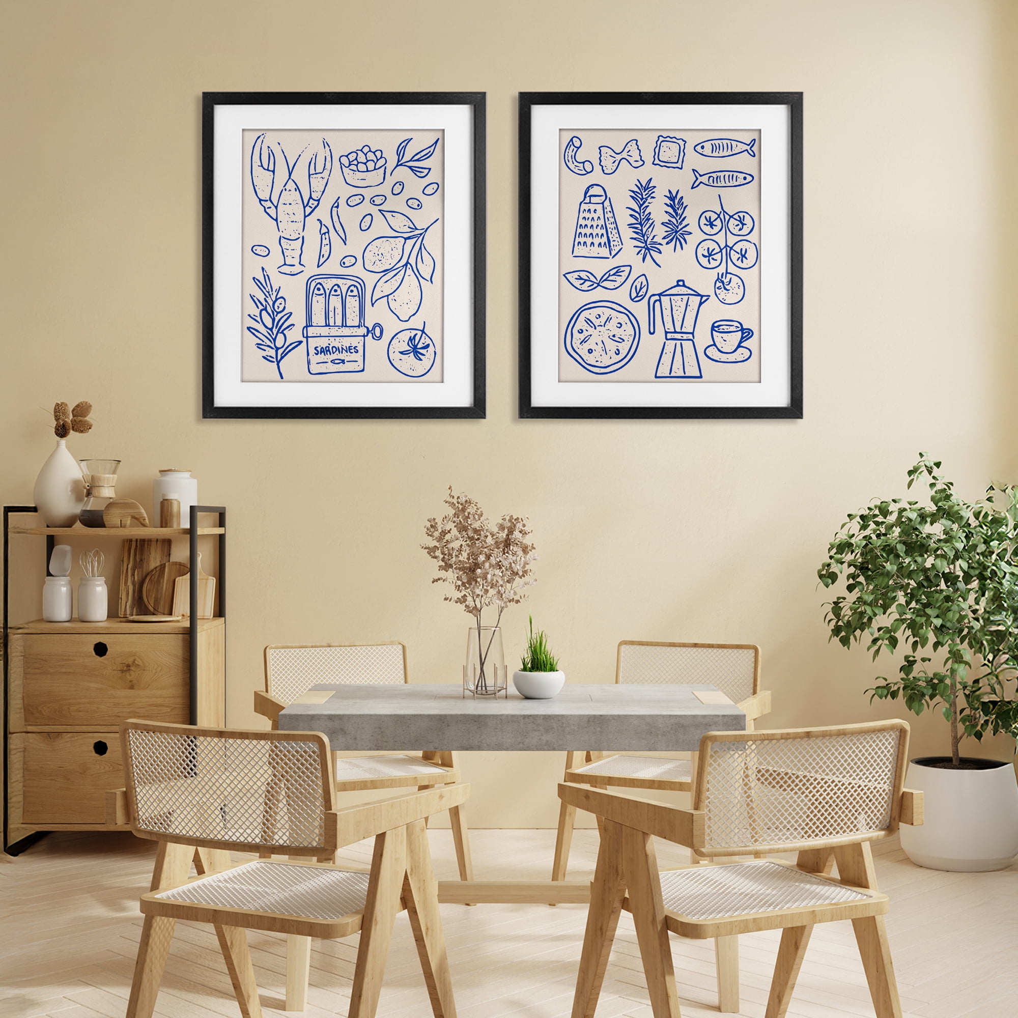 Stupell Industries Mediterranean Kitchen Simplicity 2 Piece Black Framed Print Under Glass Set, design by Camila Juncos