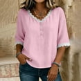 thumbnail image 3 of Otntypg Womens Linen Tops Elbow Length Sleeve Lace Trim Button V Neck T-shirt Dressy Casual Work Blouses Summer Outfits Beach Vacation Tunic Tees Shirt Pink XL, 3 of 7