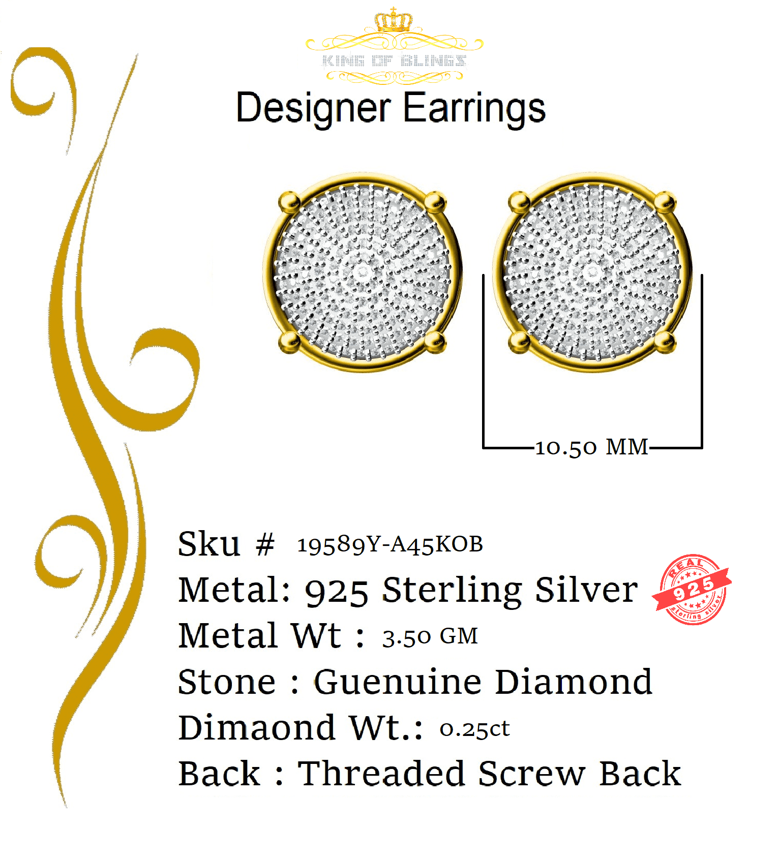King of Bling's 0.25ct Diamond 925 Sterling Silver Yellow For Men's/Women's Stud Round Earrings