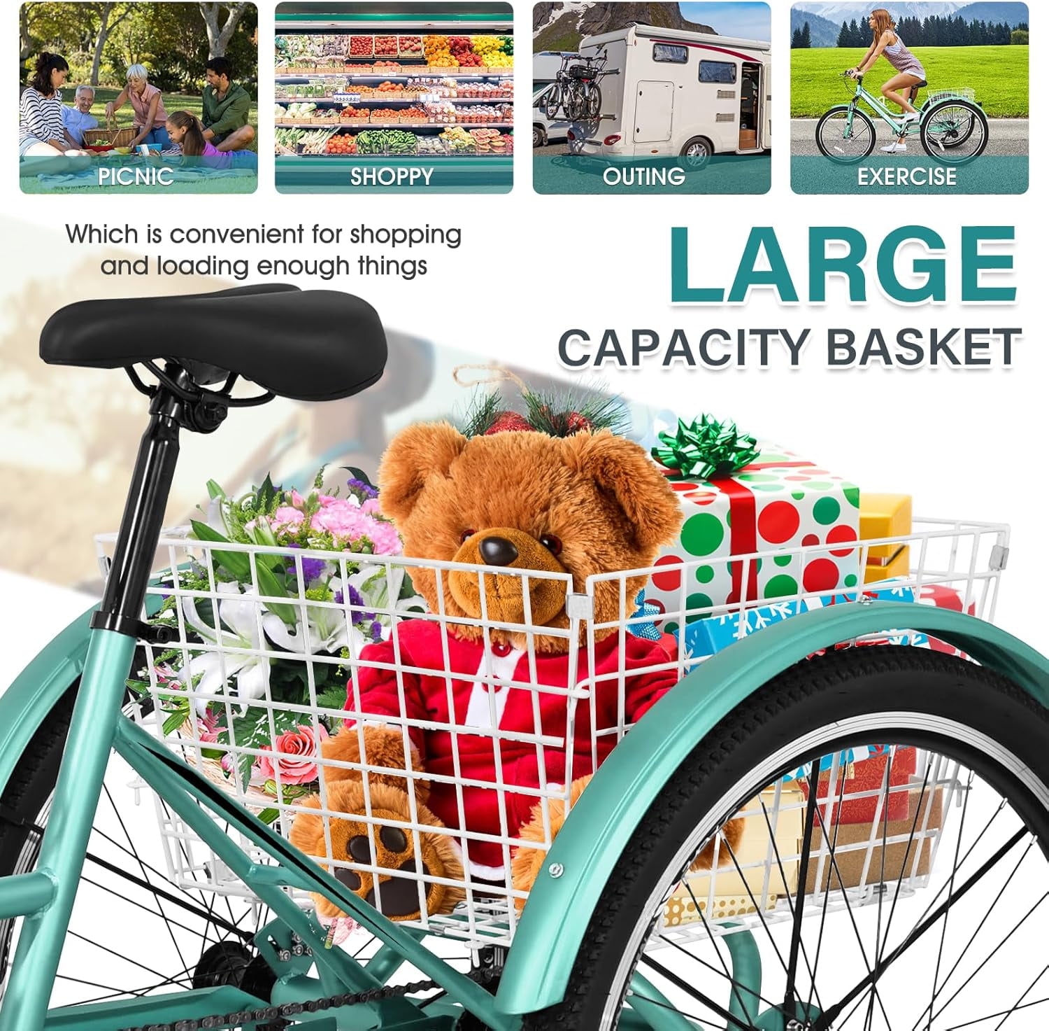 MOONCOOL Mountain Tricycle for Adults, 3 Wheeled 7-Speed Mountain Tricycle 24/26/27.5 inch Men's Women's Tricycles Cruiser Bike with Cargo Basket
