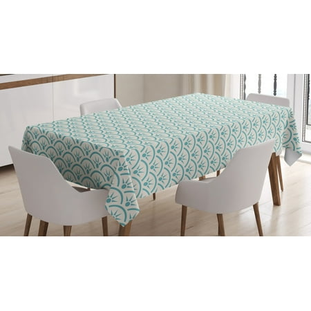 

Japanese Tablecloth Asian Ethnic Ocean Illustration Curvy Rippled Aqua Bubbly Sun Symbols and Rays Rectangular Table Cover for Dining Room Kitchen 52 X 70 Inches Sky Blue White by Ambesonne
