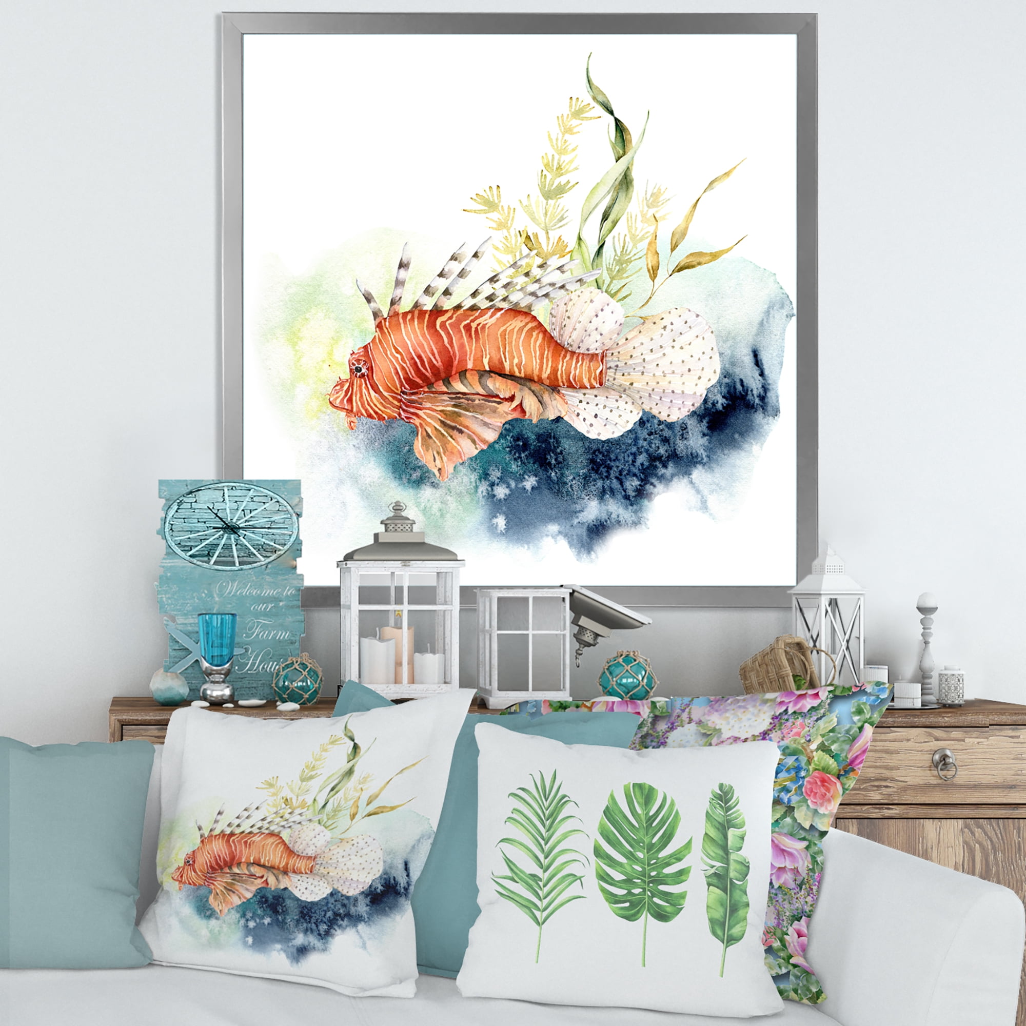 Designart 'Kelp and Lionfish With Coral Reef and Laminaria' Nautical & Coastal Framed Art Print