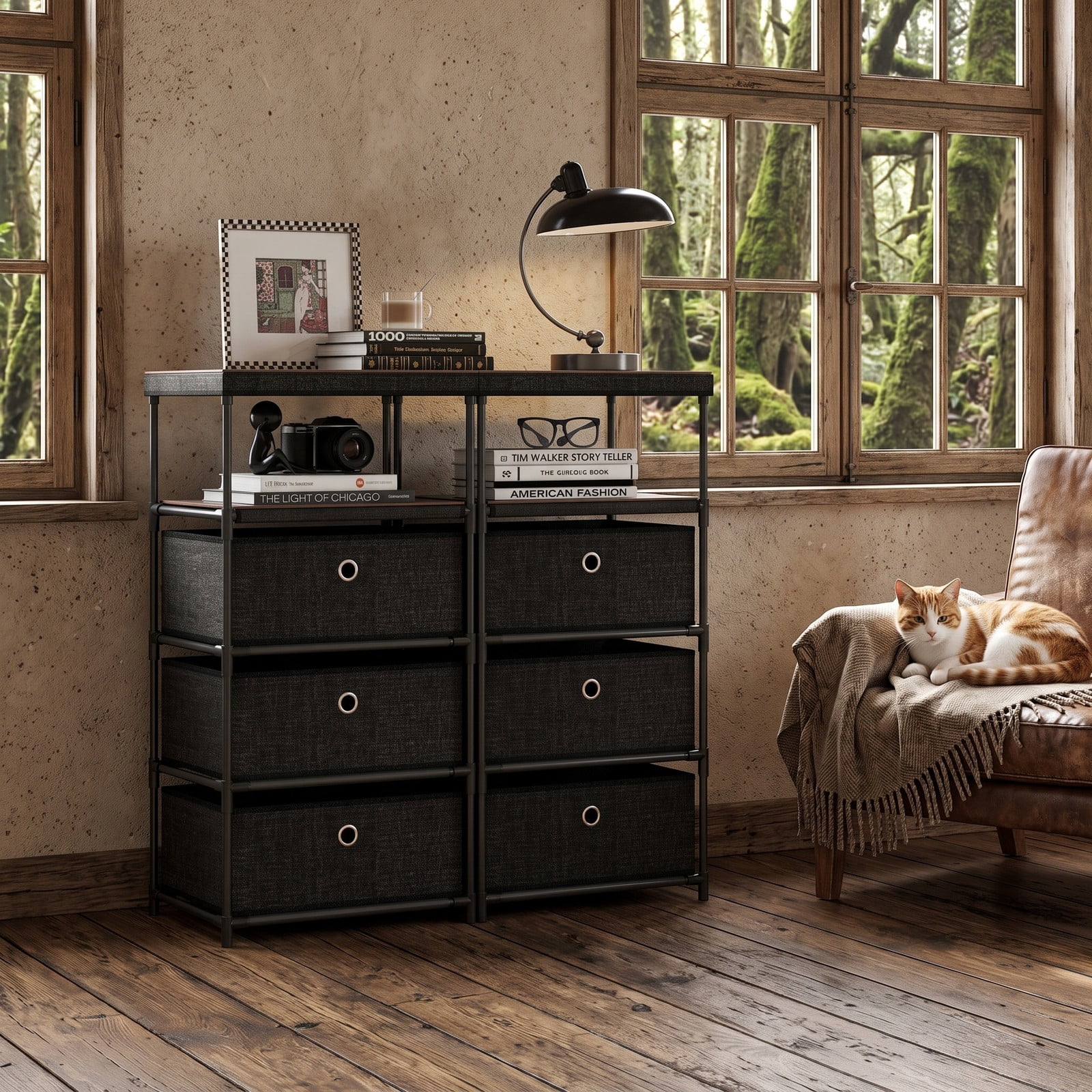 Furnibear 3-Drawer Fabric Storage Tower Dresser with Wood Top Open Shelf and Metal Frame for Bedroom Closet and Office, Black