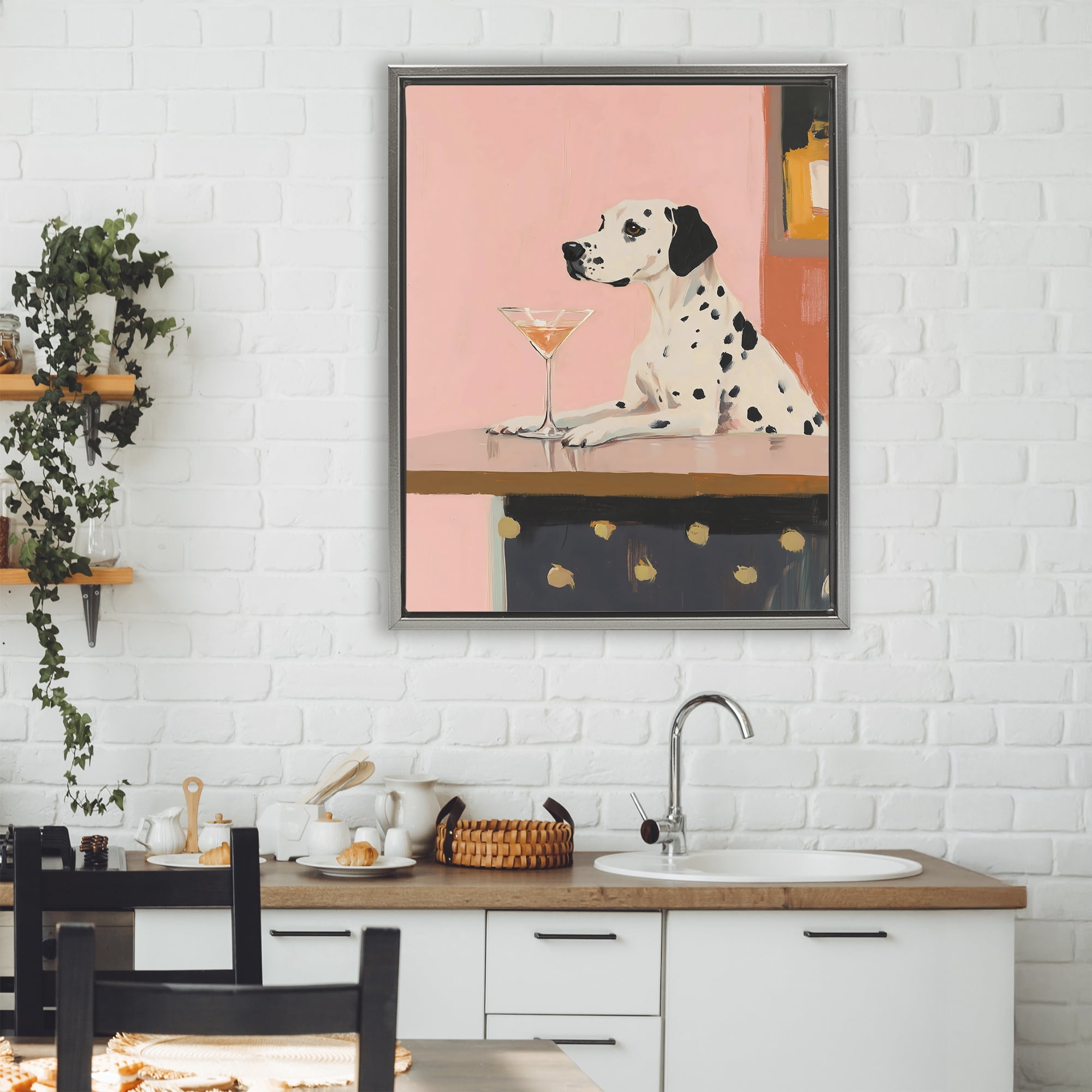 Stupell Industries Dalmatian at Cocktail Bar Gray Framed Floater Canvas Wall Art, design by The Prints Vibe