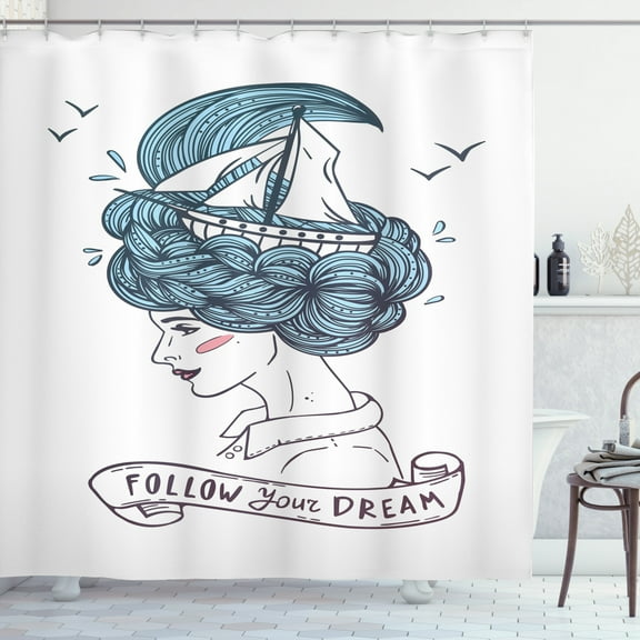 Inspirational Shower Curtain, Girl Portrait with Pale Blue Hair as Abstract Waves with Boat Dreamy Artwork, Fabric Bathroom Set with Hooks, 69W X 75L Inches Long, Multicolor, by Ambesonne