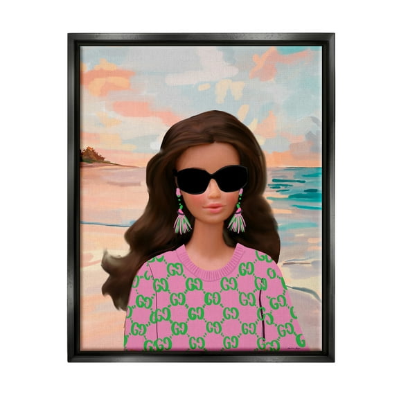 Stupell Industries Abstract Fashionista on Beach Landscape Painting Black Floater Framed Canvas Art Print Wall Art, 17 x 21