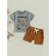 thumbnail image 4 of Loicainy Toddler Baby Boy Summer Outfits 6 12 18 24 Months 2T 3T 4T Dinosaur Letter Print Round Neck Short Sleeve Tops with Solid Shorts Clothes Set, 4 of 9