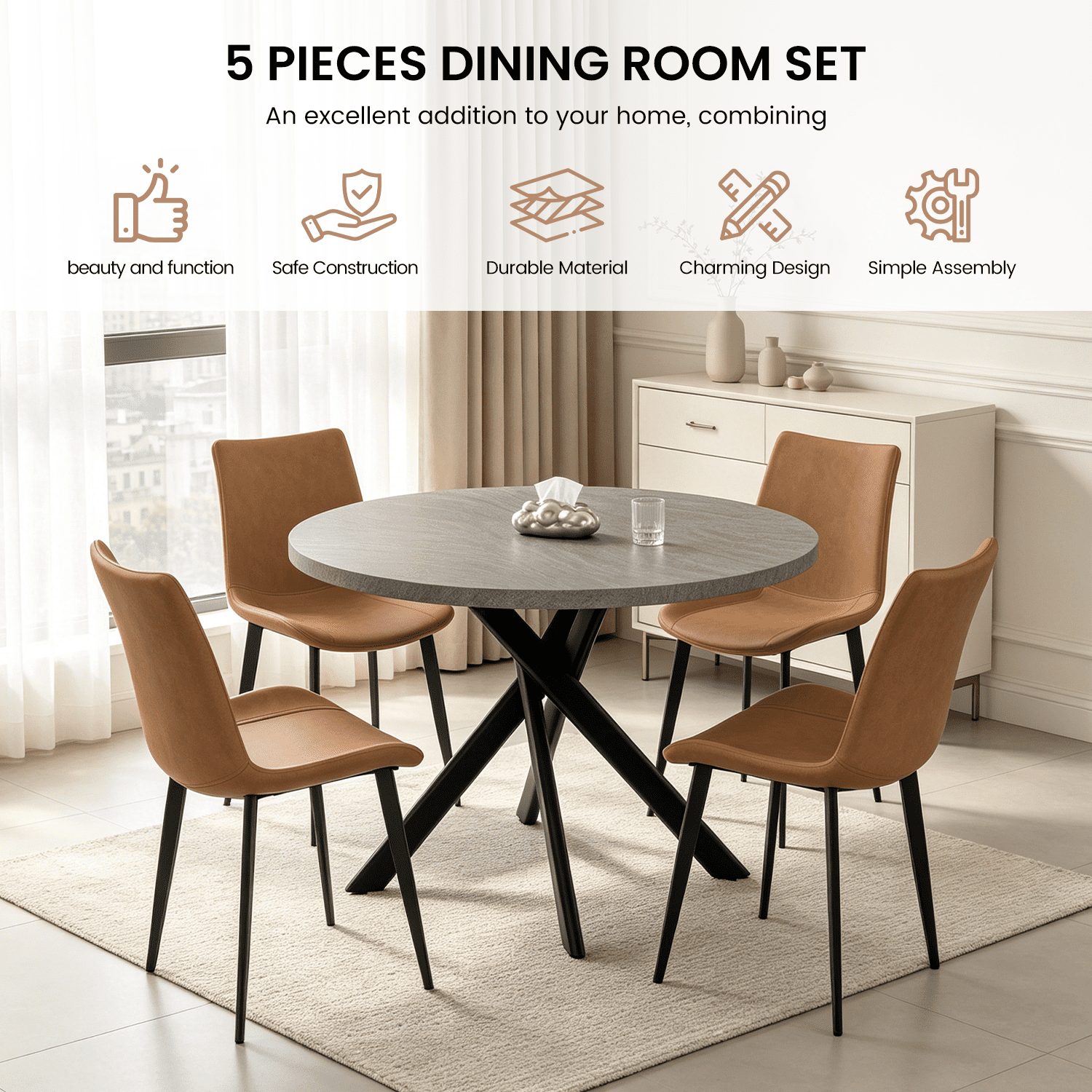 43.5 Inch Round Dining Table Set For 4, 5-Piece Wooden Table with Metal Leg Dining Chairs, Mid Century Modern Small Coffee Set For Dining Room Kitchen Apartment